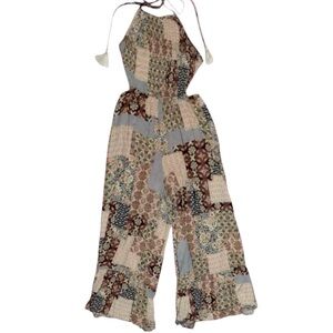 ILLA ILLA Patchwork Boho Floral Wideleg Flowy Romper w Halter Tie Back - SZ LG